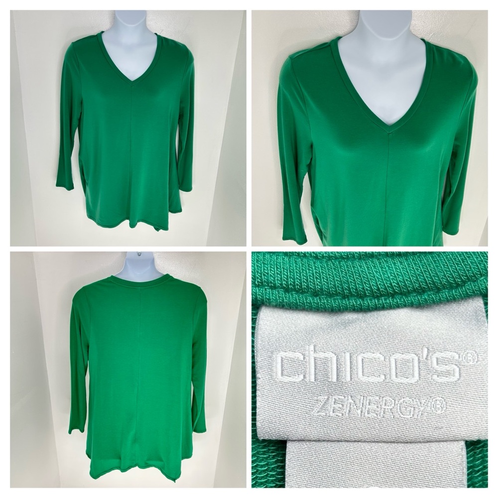 Chicos Zenergy V Neck Knit Dip Hem Long Sleeve Tunic Size 12/14 Relaxed Fit Cozy